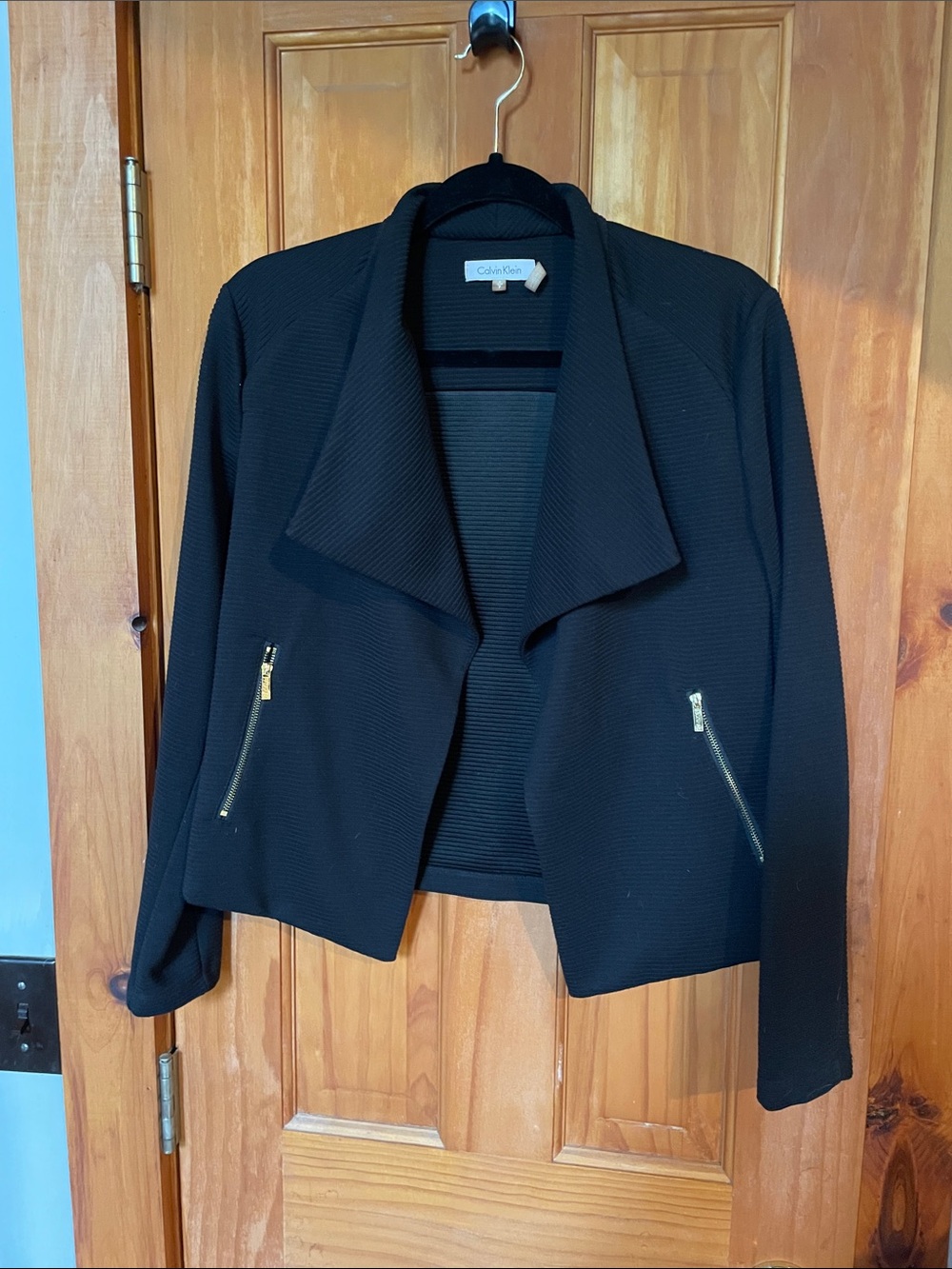 Calvin Klein Black Open-Front Blazer with Gold Zip Pockets